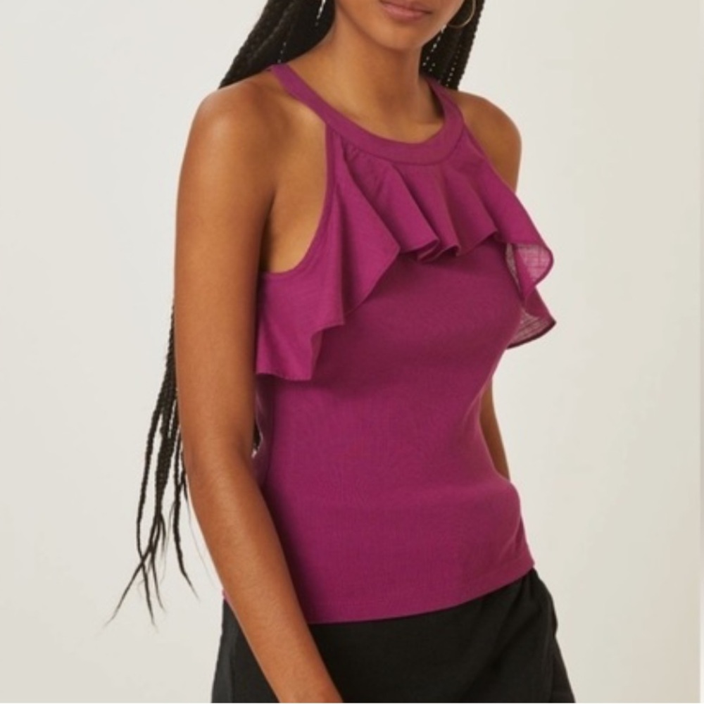 Maeve by Anthropologie Ruffled Rib Ribbed Halter Tank Top Purple Small Y